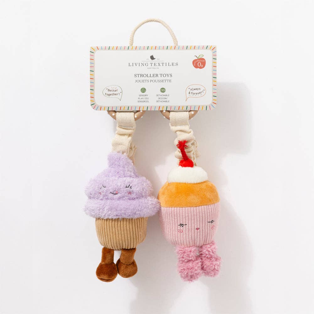 Living Textiles stroller toys featuring colorful ice cream and cupcake plush toys for babies and toddlers.
