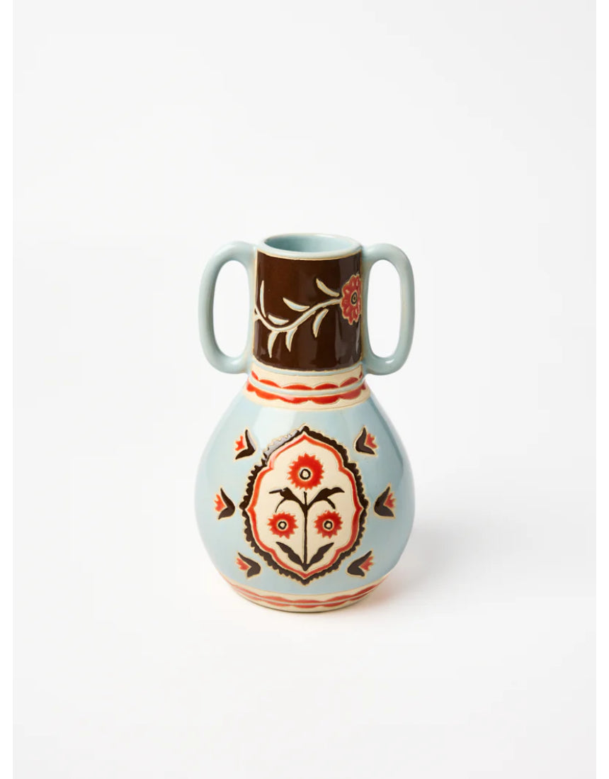 Jones & Co Samira Vase with colorful flowers, decorative ceramic vase for home decor.