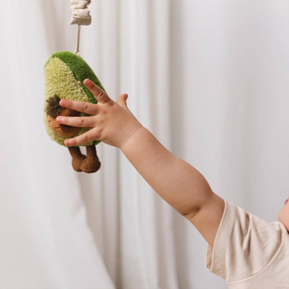 Living Textiles 2-pack Mini Market Brunch stroller toys featuring plush avocado and egg on toast for babies.