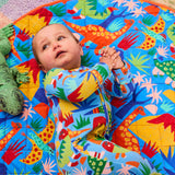 Kip & Co Dinosaur Roar organic long sleeve zip romper for babies, featuring colorful dinosaur print and soft cotton fabric.
