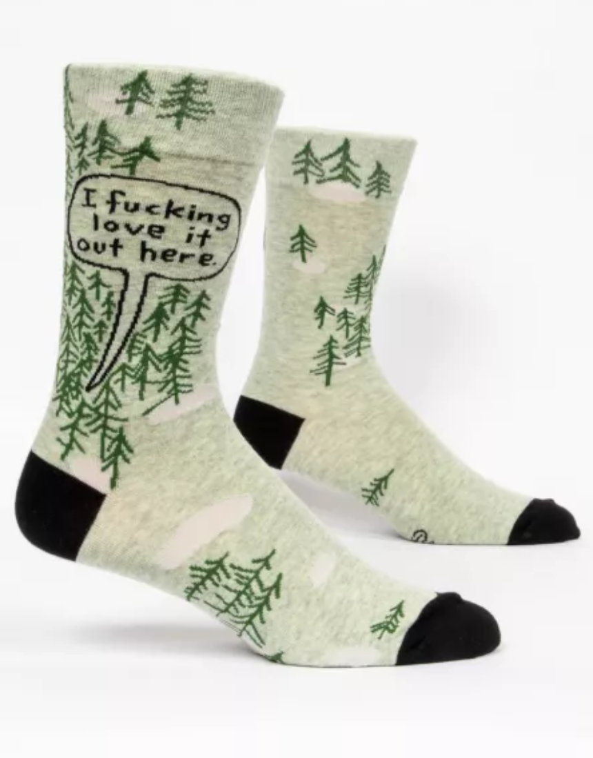 Blue Q I Love It Out Here M-Crew Socks, blue crew-length socks with fun printed design in a close-up view