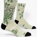 Blue Q I Love It Out Here M-Crew Socks, blue crew-length socks with fun printed design in a close-up view