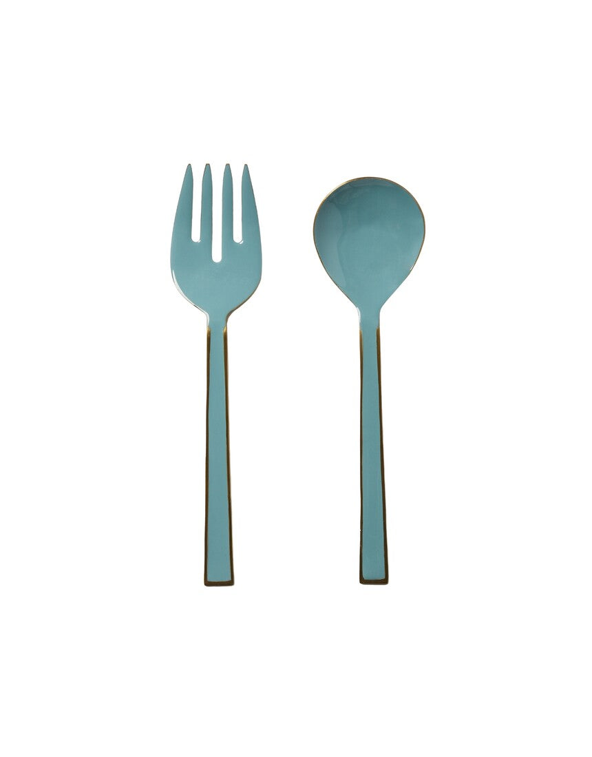 Bonnie & Neil enamel salad servers in dusty blue with silver-tone handles, perfect for serving salads in a stylish kitchen.