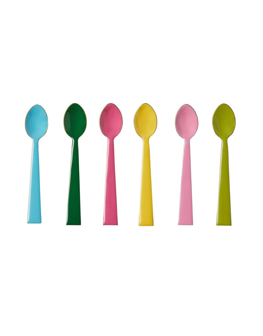Set of Bonnie & Neil enamel teaspoons in various colors, showcasing vibrant, decorative handles on a white background.