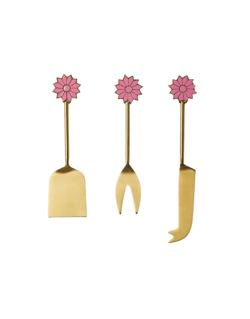 Bonnie and Neil Petal Cheese Knife Set in Berry with four elegant cheese knives and floral-patterned handles.