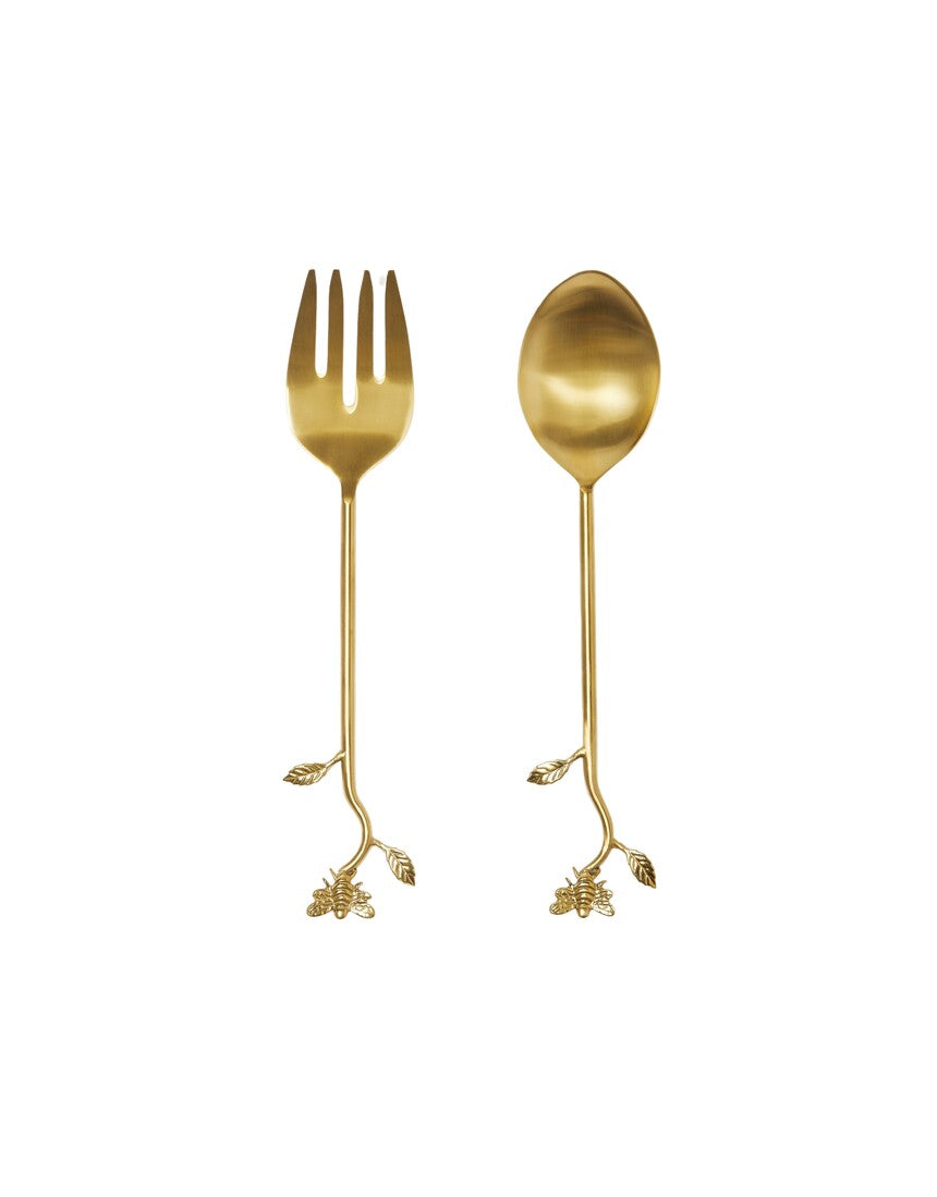 Bonnie & Neil Wild Bees salad servers with wooden handles and bee-themed metal blades, designed for serving salads.