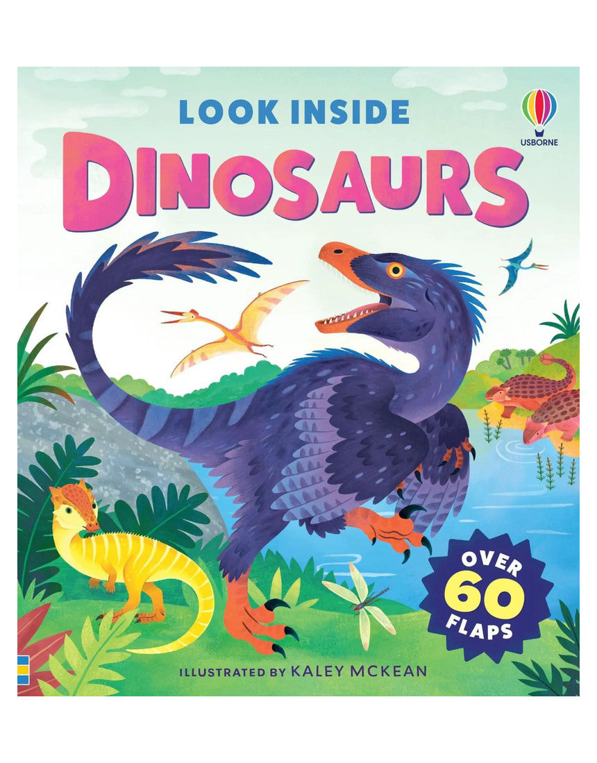 Brumby Sunstate Look Inside Dinosaurs book showing colorful illustrations and detailed pages about various dinosaurs.