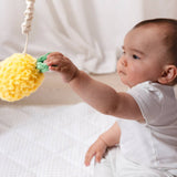 Living Textiles stroller toys featuring a plush pineapple and cherries, colorful and soft for baby’s play and comfort.