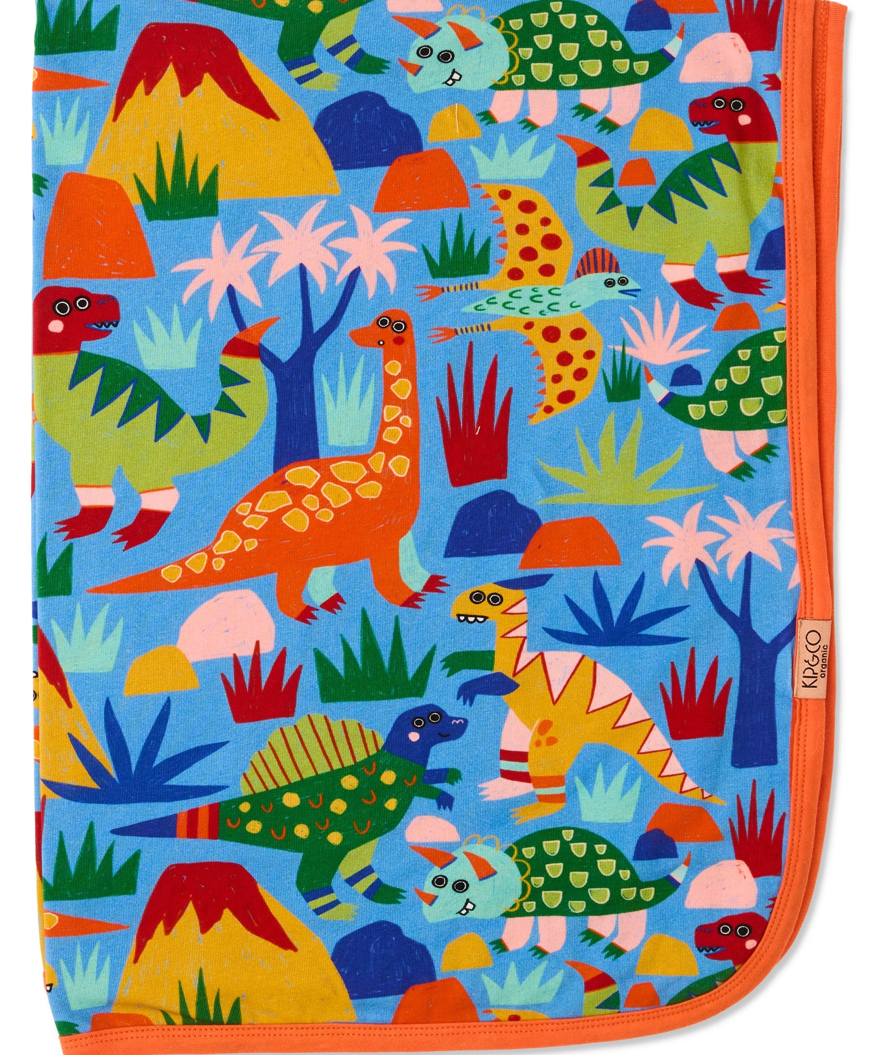 Kip & Co Dinosaur Roar organic cotton baby blanket with colorful dinosaur print and soft, cozy texture for infants.