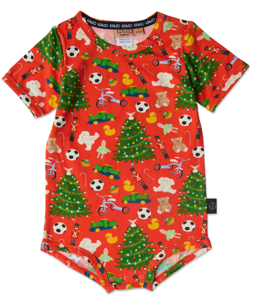Kip & Co Christmas Toys baby romper, short sleeve baby clothing with festive holiday print, comfortable and adorable for infants.