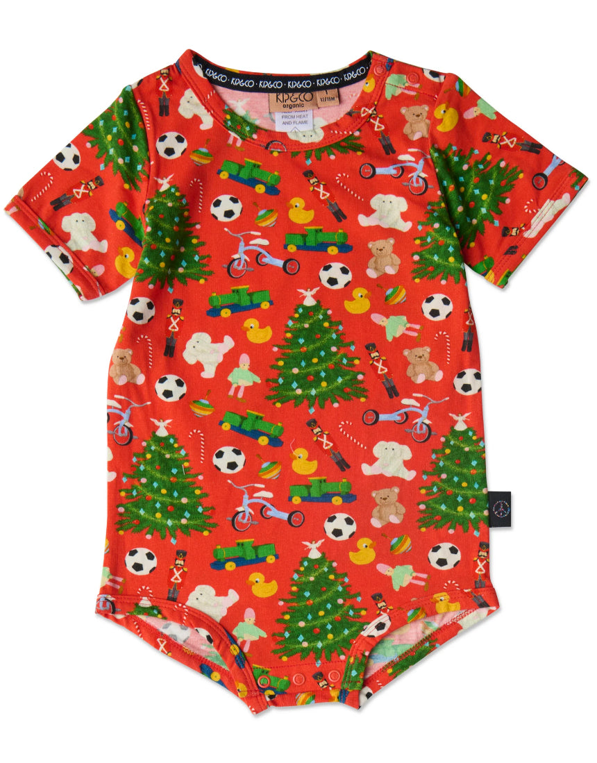 Kip & Co Christmas Toys baby romper, short sleeve baby clothing with festive holiday print, comfortable and adorable for infants.