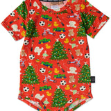 Kip & Co Christmas Toys baby romper, short sleeve baby clothing with festive holiday print, comfortable and adorable for infants.