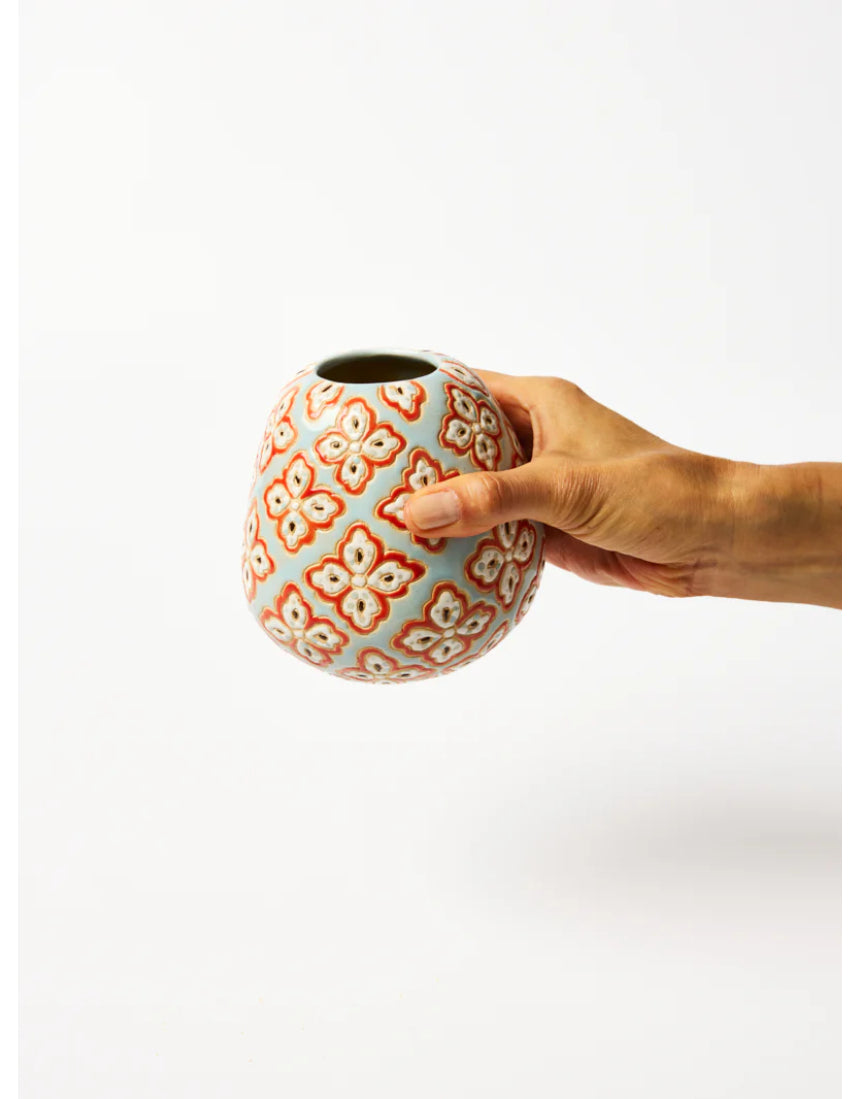 Jones & Co Pollen Vase in blue paisley design, featuring a decorative ceramic vase with vibrant patterns and a glossy finish.