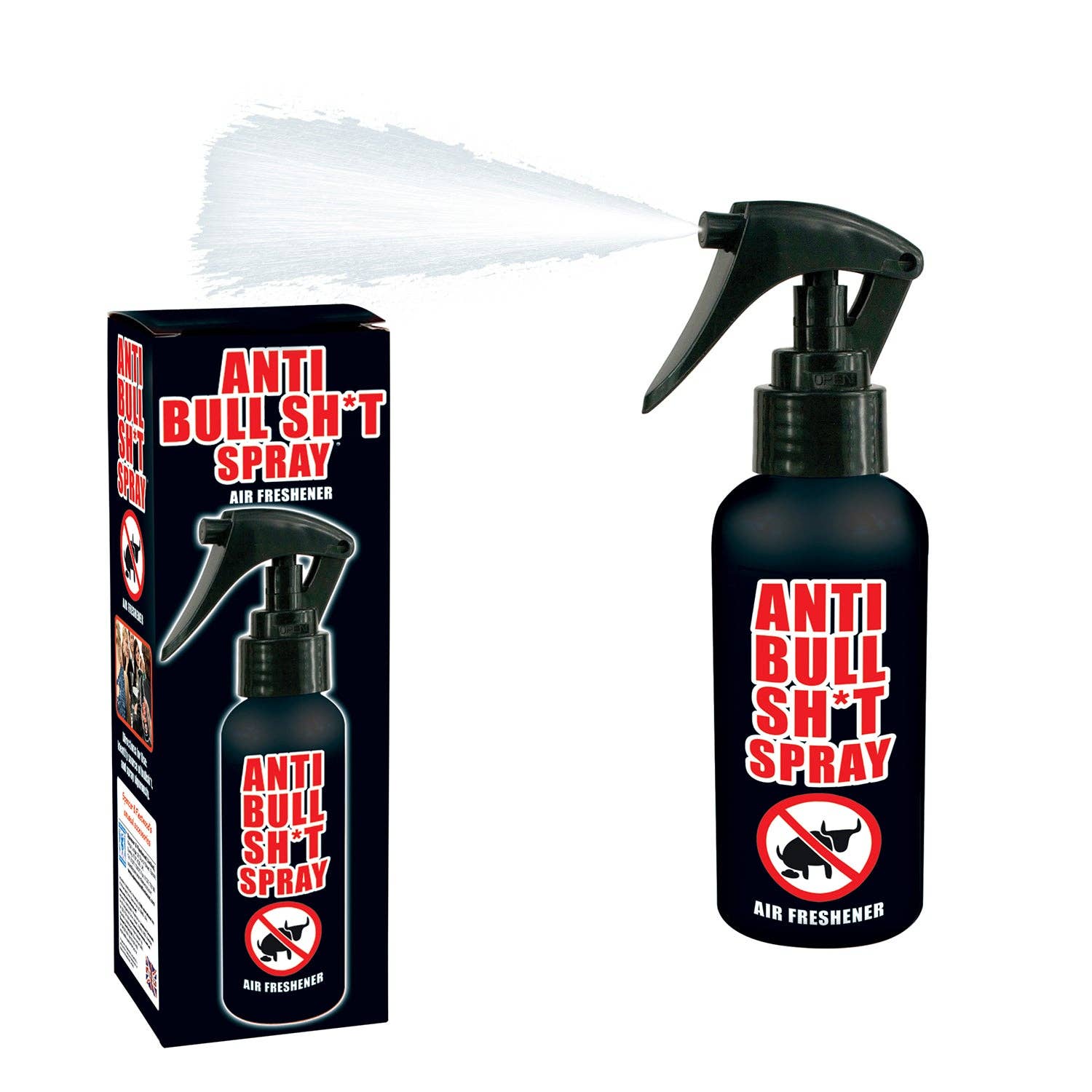 Funtime Anti Bull Sh*t Spray air freshener bottle with colorful label, designed to freshen and deodorize indoor spaces.