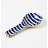 Jones & Co Bloomie Blue Stripe Spoon Rest with a ceramic design and blue striped pattern, perfect for kitchen countertop use.