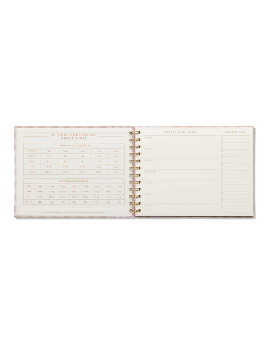 Designworks Ink meal planner and market list with gingham pattern, featuring organized sections for meal planning and grocery lists.