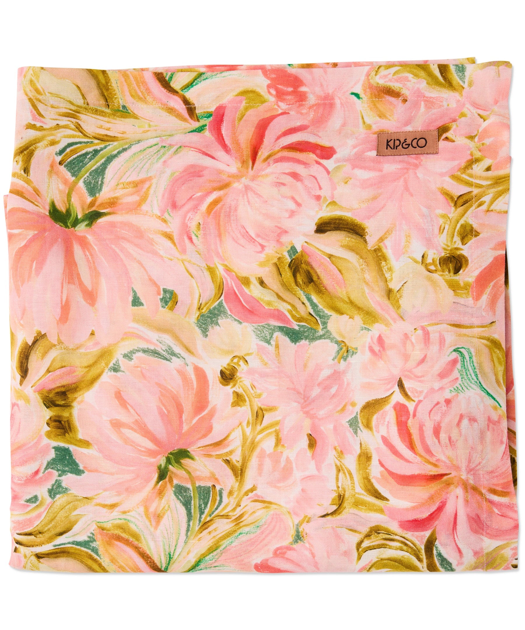 Kip & Co warm floral breeze tablecloth with vibrant floral pattern, made of soft fabric, shown spread on a table.
