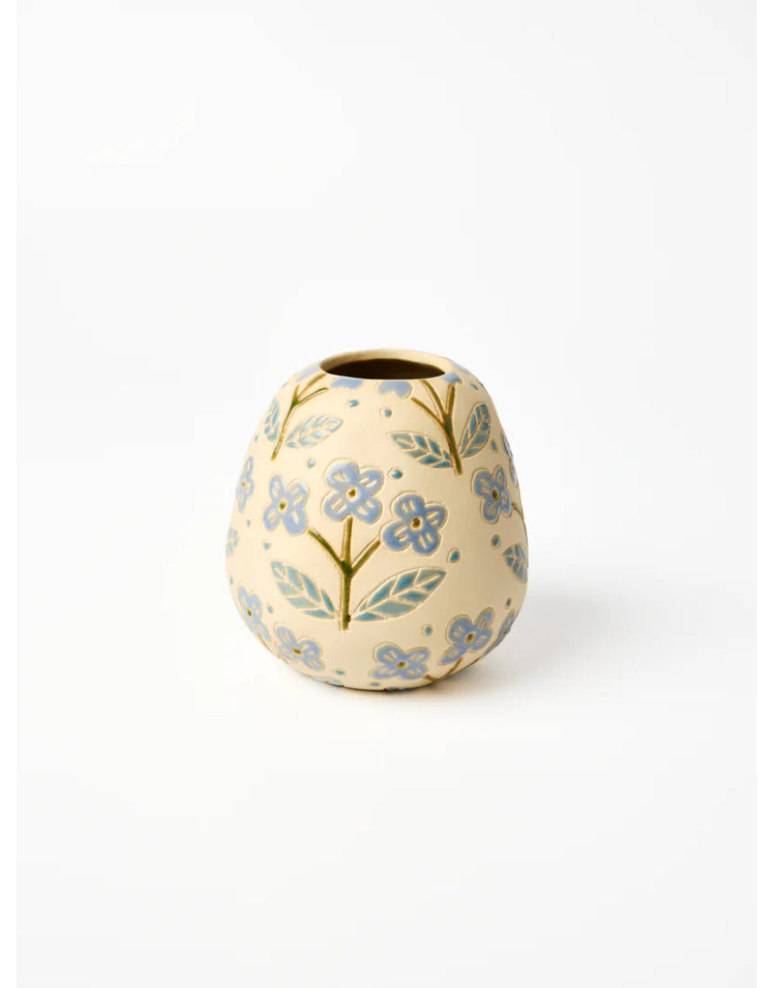 Blue Pollen Vase with Floret design by Jones & Co, showcasing a decorative ceramic vase with floral pattern detail.