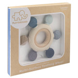 Living Textiles multi-surface teething wheel in steel blue with soft, textured surface for soothing baby's teething needs.