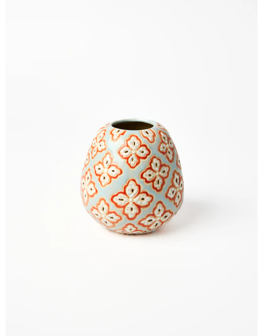 Blue Pollen Vase with Paisley design by Jones & Co, featuring a stylish ceramic vase with intricate pattern details.