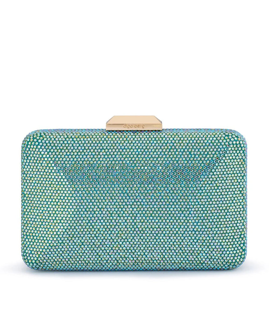 Olga Berg Edith iridescent clutch bag in vibrant green with a sleek, shiny finish and elegant design.