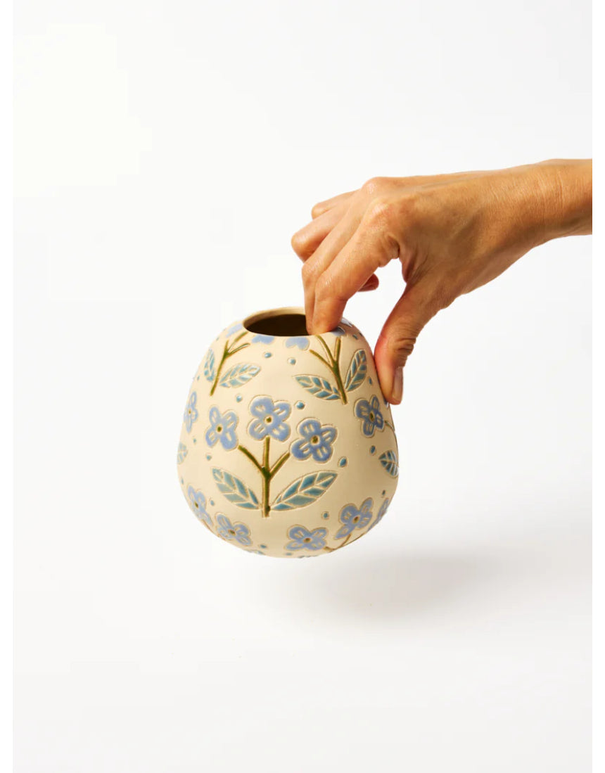 Blue Pollen Vase with floral floret design by Jones & Co, featuring a sleek ceramic shape and intricate flower pattern.