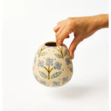 Blue Pollen Vase with floral floret design by Jones & Co, featuring a sleek ceramic shape and intricate flower pattern.