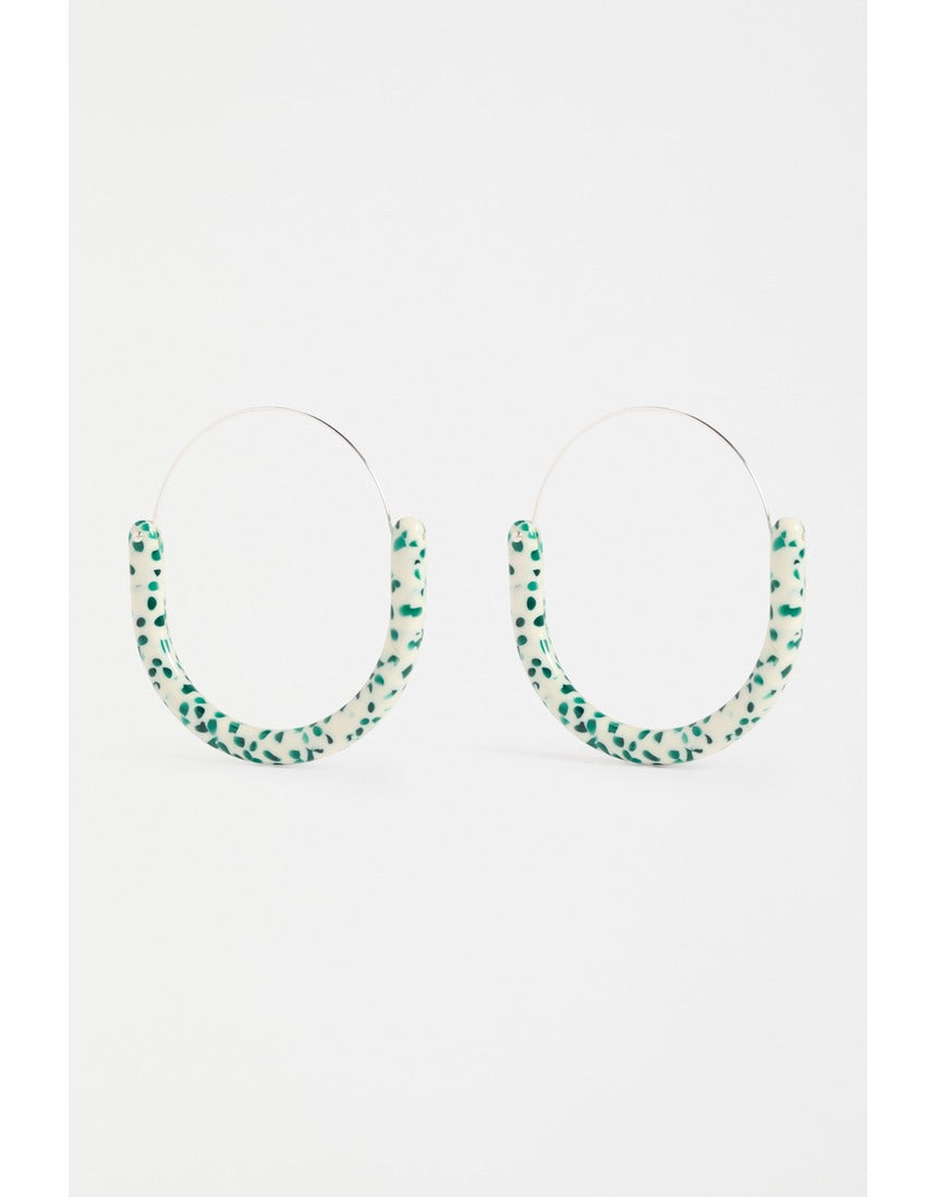 ELK The Label Aki Hoop Earring in green speckle with a textured, circular design on a white background.