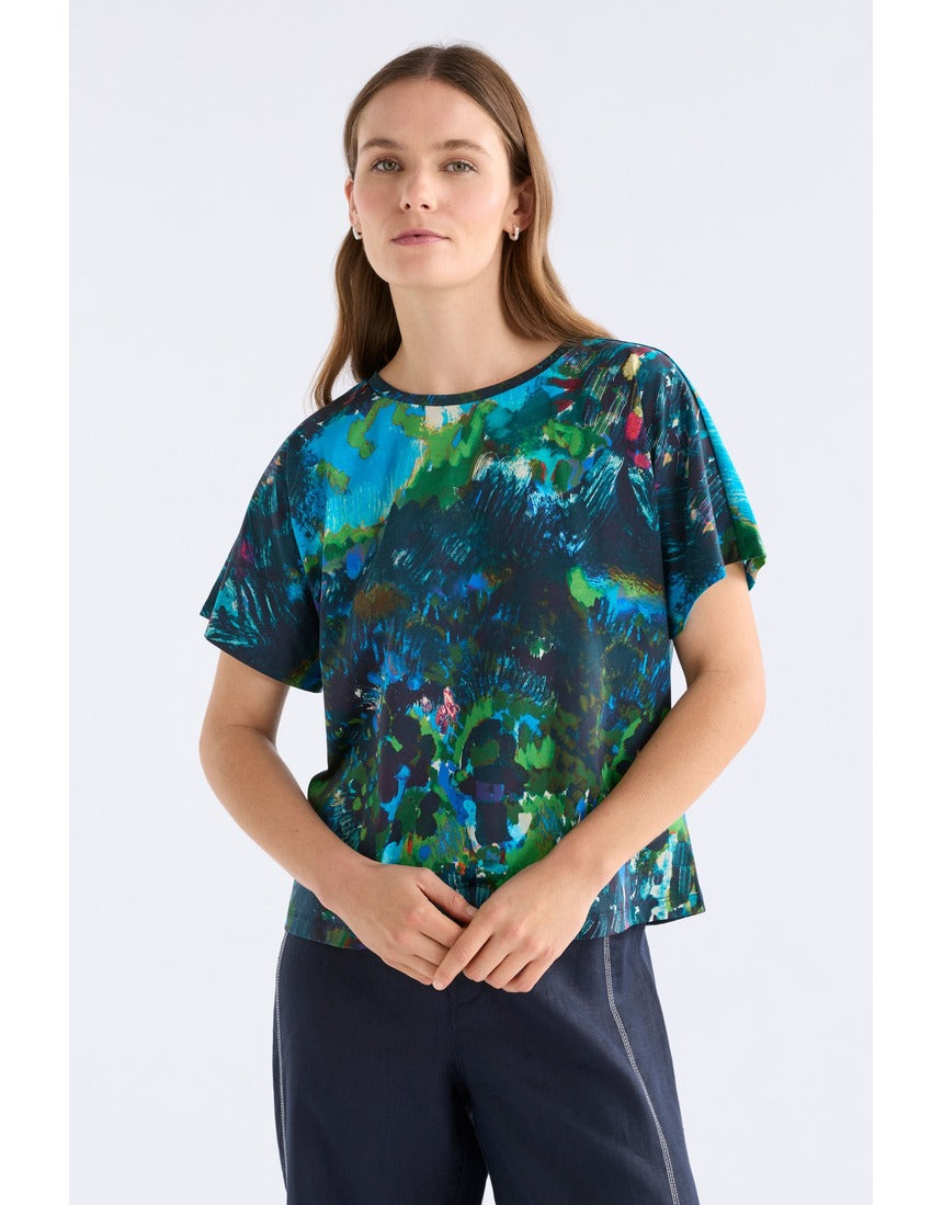 ELK The Label Haki short sleeve T-shirt in Landskap Night with a relaxed fit and minimalist design, displayed on a hanger.