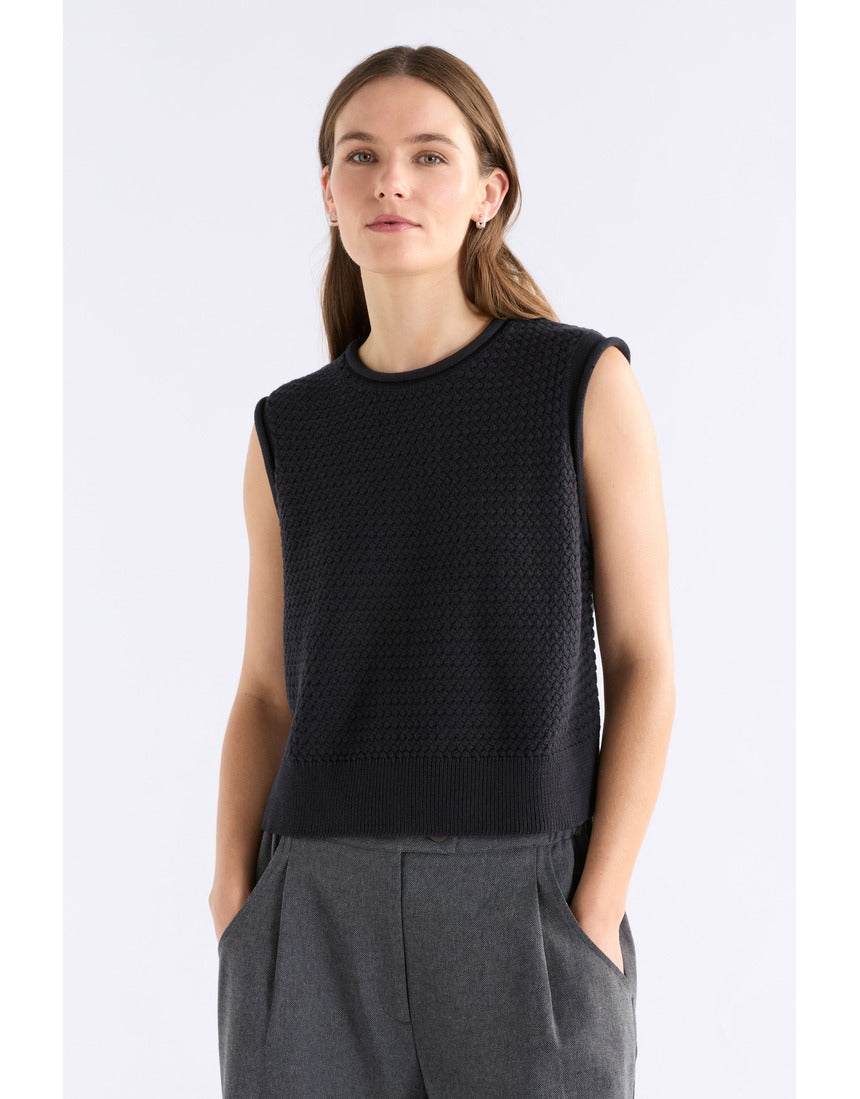 Black Elk Naya Knit Vest from ELK The Label, featuring a textured knit design and sleeveless style for a cozy layered look.