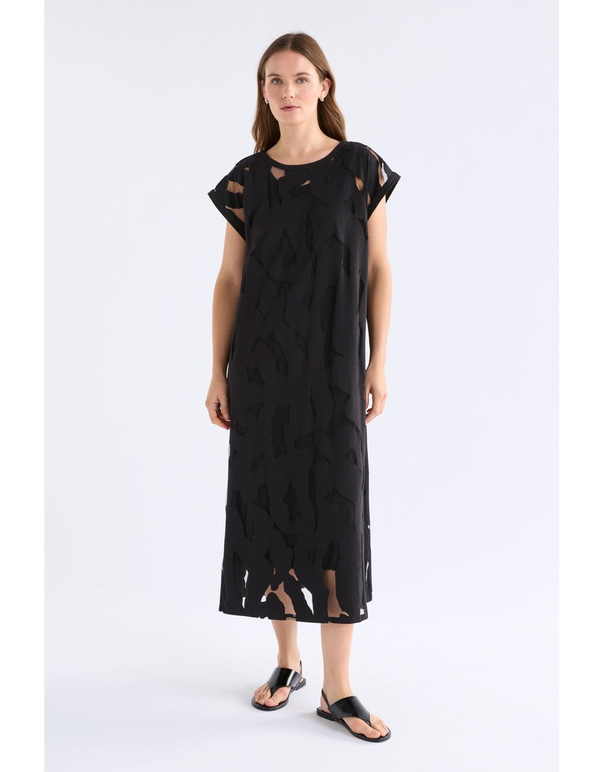 Black Elk Varr Burnout Dress by ELK The Label, featuring a stylish burnout fabric and elegant fit for versatile wear.