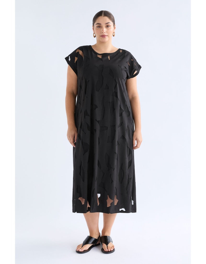 Black Elk Varr Burnout Dress by ELK The Label, featuring a stylish burnout fabric and elegant silhouette.