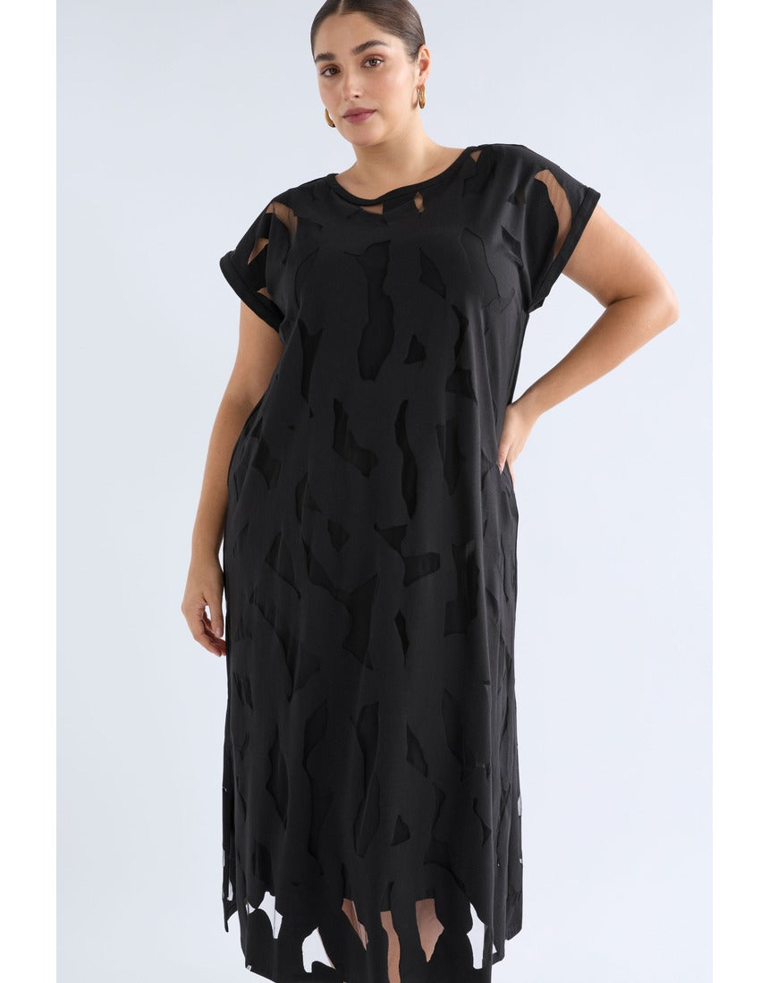 Black Varr Burnout Dress by ELK The Label, featuring a stylish, flowy design with intricate burnout fabric details.