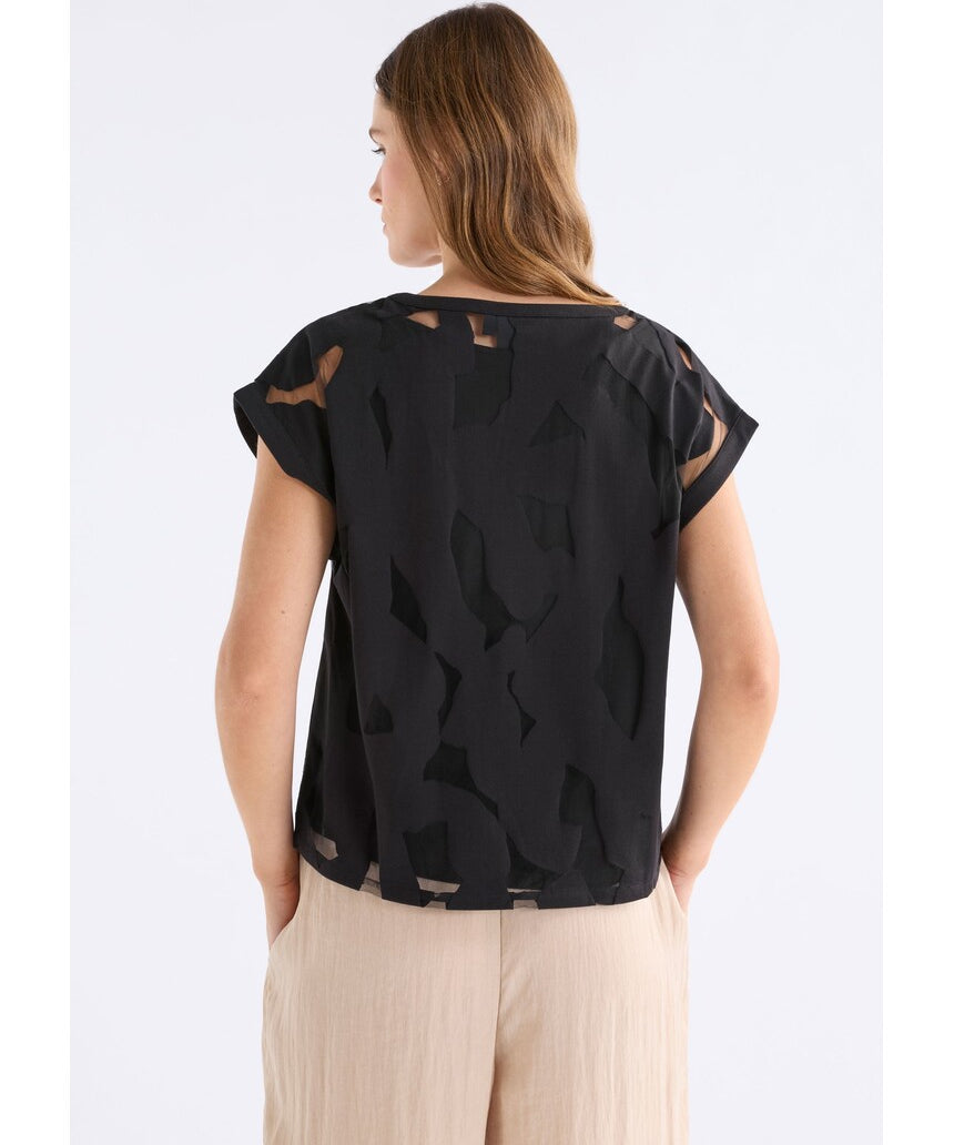 Black Varr Burnout Top by ELK The Label, a stylish women's burnout blouse with textured fabric and relaxed fit.
