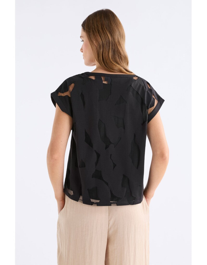 Black Varr Burnout Top by ELK The Label, a stylish women's burnout blouse with textured fabric and relaxed fit.