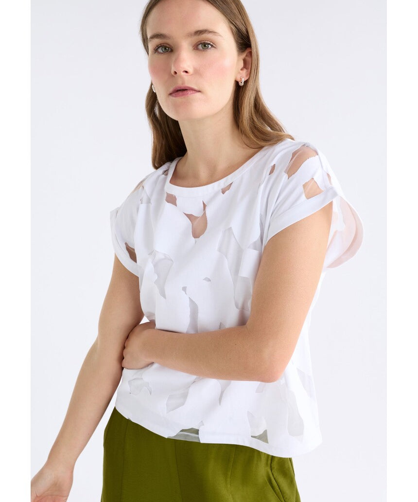 White Elk Varr Burnout Top from ELK The Label, featuring lightweight, semi-sheer fabric with a relaxed fit and subtle burnout pattern.