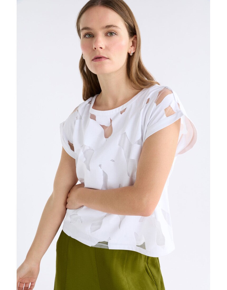 White Elk Varr Burnout Top from ELK The Label, featuring lightweight, semi-sheer fabric with a relaxed fit and subtle burnout pattern.