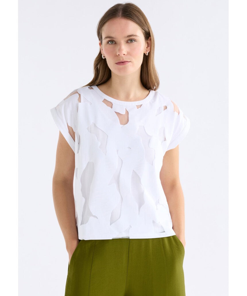 White Elk Varr Burnout Top from ELK The Label, featuring lightweight, semi-sheer fabric and relaxed fit.