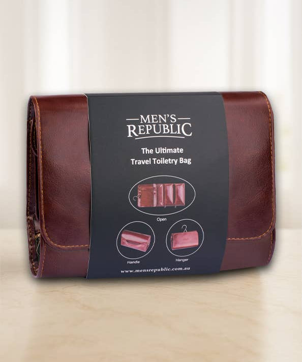 Men's Republic travel toiletry bag with hanger, compact cosmetic and toiletry organizer for men, in black with multiple compartments.