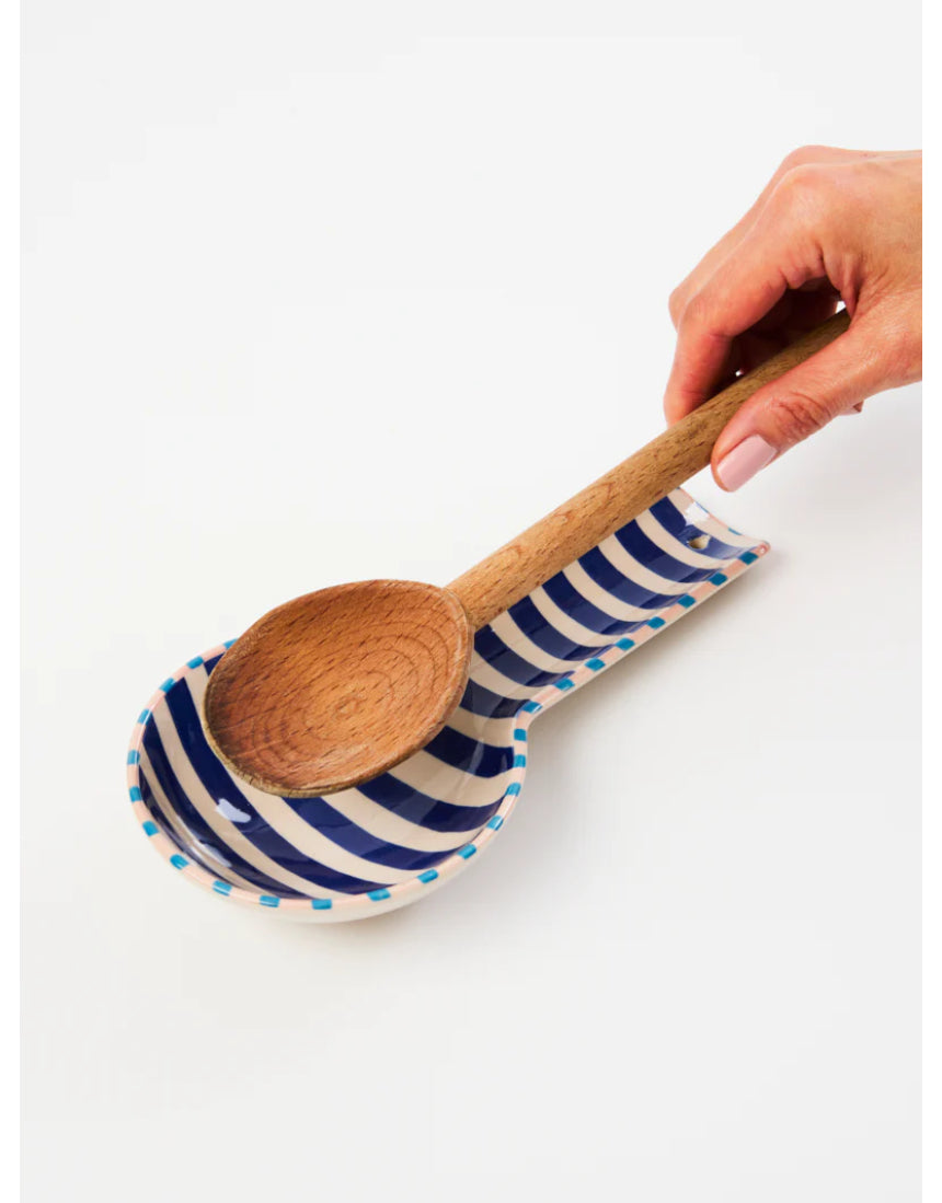 Jones & Co Bloomie Blue Stripe Spoon Rest with white and blue floral pattern for kitchen countertop use