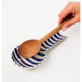 Jones & Co Bloomie Blue Stripe Spoon Rest with white and blue floral pattern for kitchen countertop use