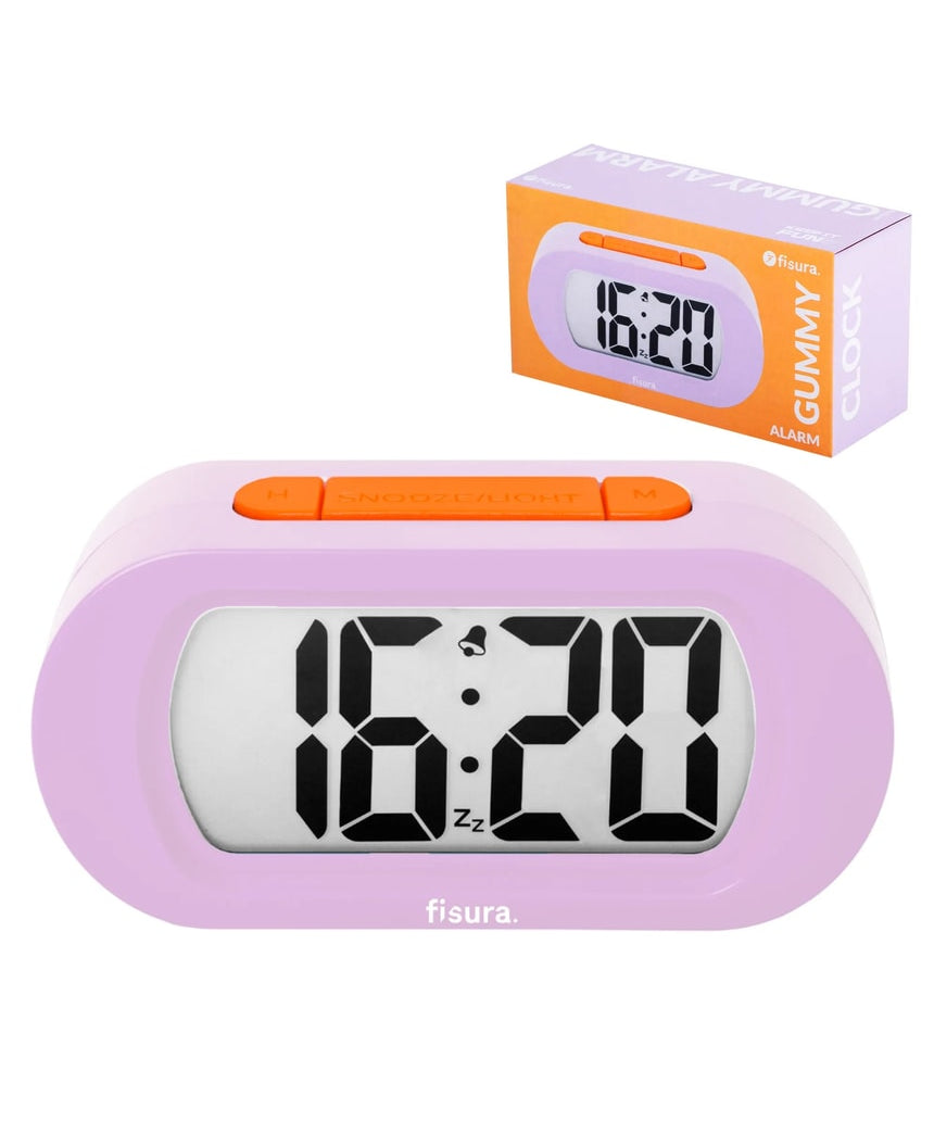Lilac Fisura Gummy Alarm Clock with cartoon-like design and digital display, perfect for bedroom decor.