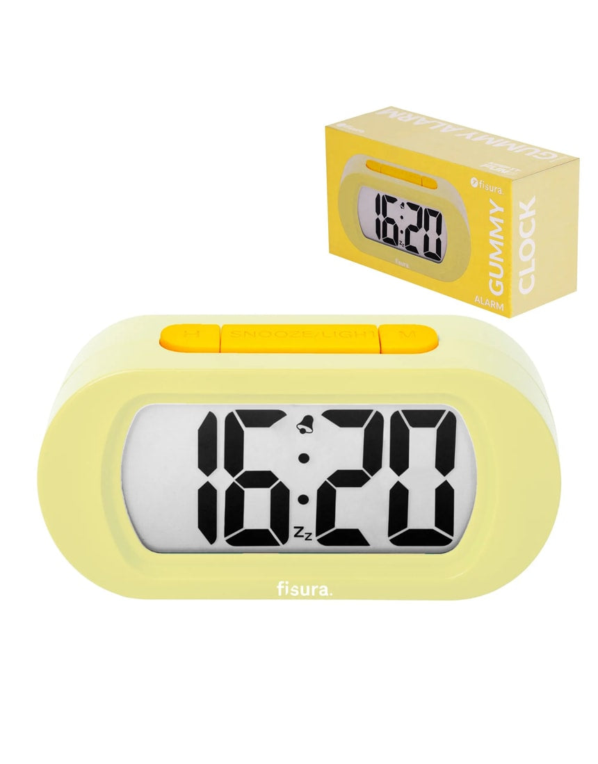 Yellow Fisura Gummy Alarm Clock, a playful clock with a gummy candy design, featuring clear clock face and playful appearance.