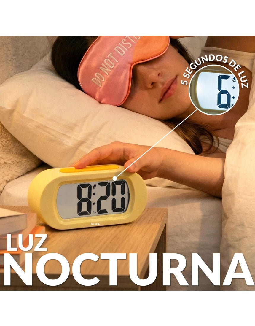 Yellow Fisura Gummy Alarm Clock with playful gummy bear design, featuring digital display and snooze button.