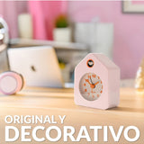 Pink Fisura Little House alarm clock with a charming house design and classic clock face for bedside or desk use.