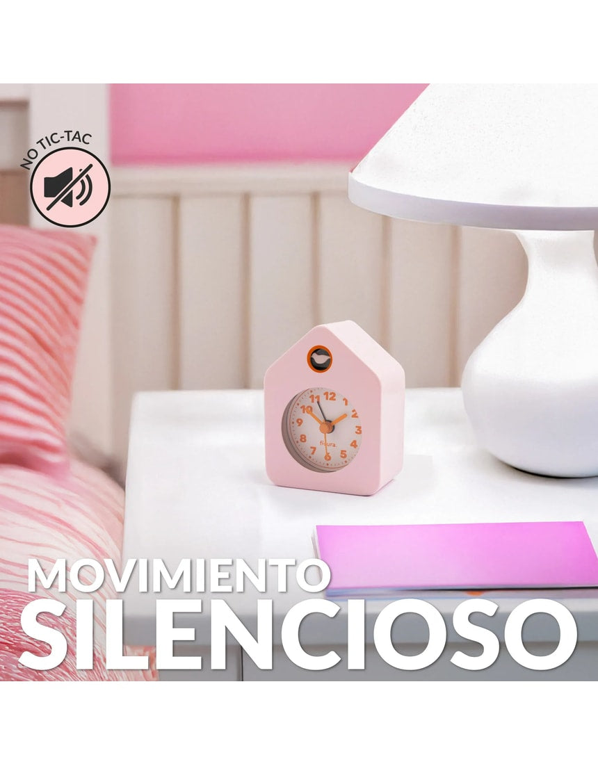 Pink Fisura Little House alarm clock with a charming house design and traditional clock face.