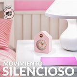 Pink Fisura Little House alarm clock with a charming house design and traditional clock face.
