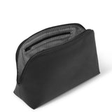 Large black Base cosmetic case with zipper closure and handle, shown open with compartments for makeup and beauty essentials.