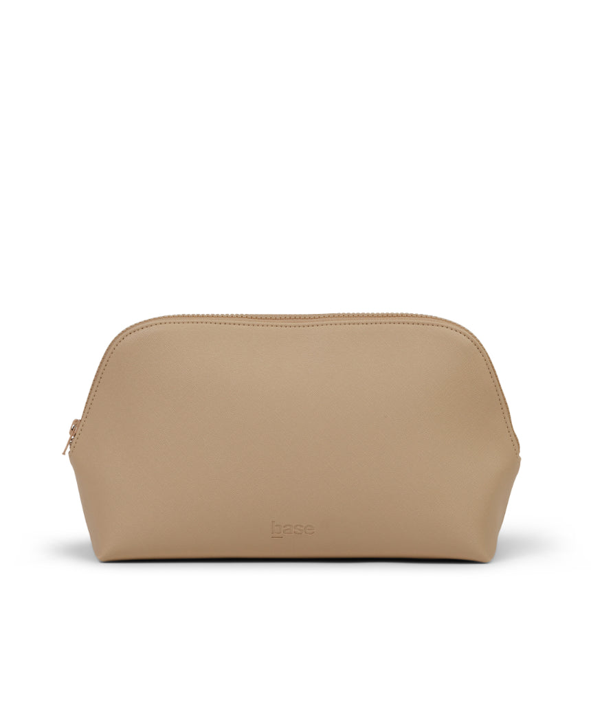 Large sand-colored Base cosmetic case with multiple compartments, designed for organized makeup and beauty product storage.