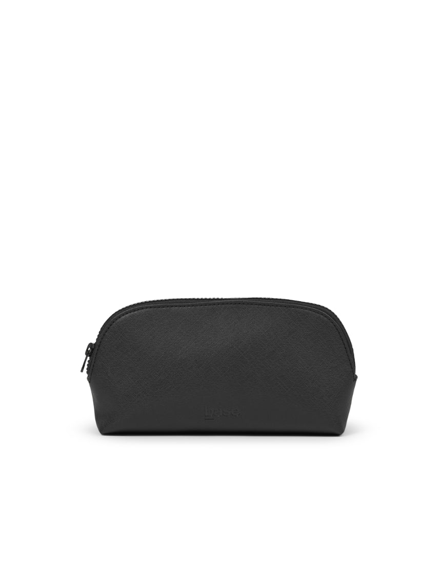 Small black cosmetic case by Base, compact makeup storage with sleek design and zip closure, ideal for travel and everyday use.